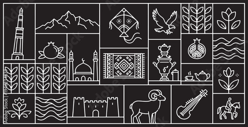 A collage of Azerbaijani cultural symbols and landmarks in a minimalist line art style on a black background.