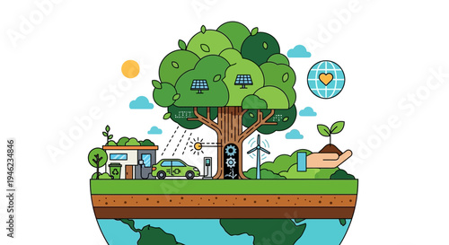 Eco Friendly Planet Illustration With Green Village.