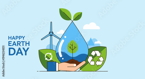 Earth Day environmental protection illustration with water drop and leaves.