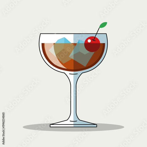 Refreshing Cocktail with Cherry and Ice Cubes in a Coupe Glass, Minimalist Illustration