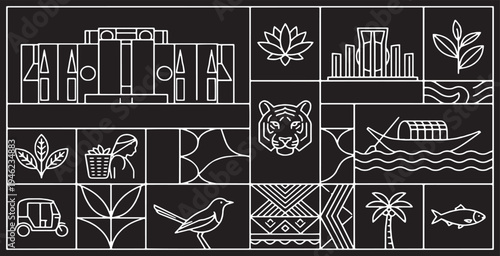 Collage of Bangladeshi cultural symbols and landmarks in a minimalist line art style.