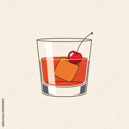 Refreshing cocktail with ice cube and cherry garnish in a glass, minimalist illustration