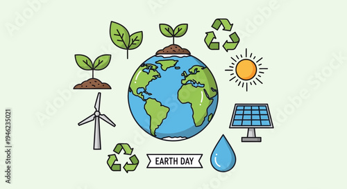 Earth Day Globe With Environmental Icons And Symbols.
