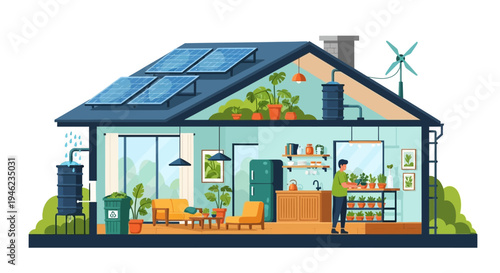 Eco friendly home with solar panels and greenery.
