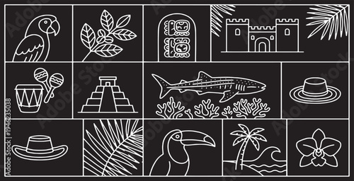 Collection of stylized line art icons representing tropical destinations and cultural elements.