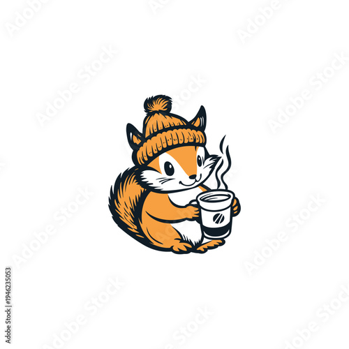 Hand-drawn vintage engraving illustration of a cute squirrel wearing a winter beanie hat and holding a hot cup of coffee or tea