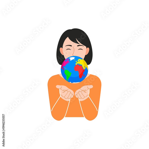 Woman holding the earth in her hands, symbolizing environmental protection and global care.
