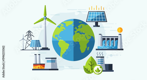 Earth Centered Renewable Energy Icons Illustration.