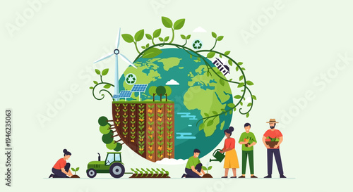 Earth Globe Surrounded By Greenery Environmental Concept.