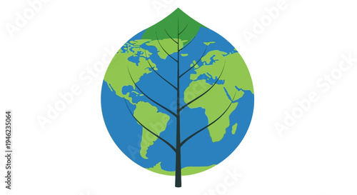 Earth globe with tree silhouette symbolizing nature and growth.