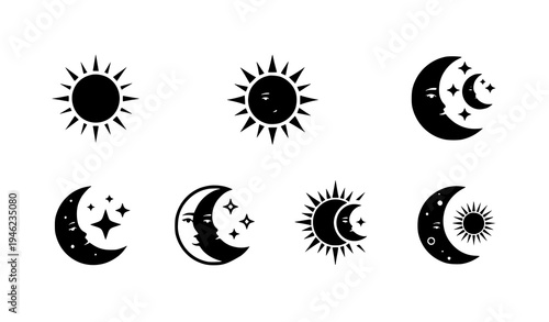 Sun and moon celestial icons day night sky symbols vector illustration set
