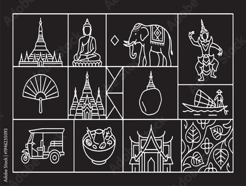 Collection of Thai cultural icons and symbols in a grid layout on a black background.