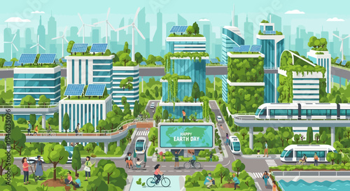 Futuristic Cityscape with Modern Buildings and Greenery.