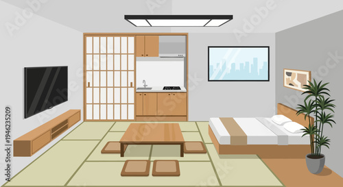 Modern Japanese Studio Apartment Interior with Tatami Mats and Kitchenette