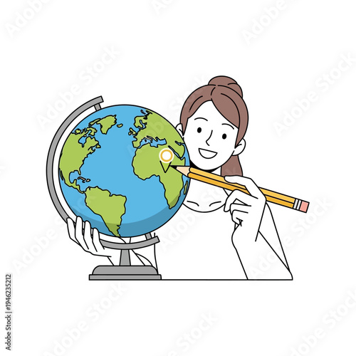 Woman pointing at globe with pencil, education, geography, travel planning, learning