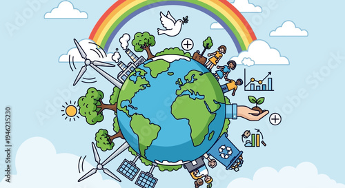 Global Earth Globe With Sustainability Icons.