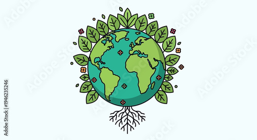 Earth Globe Surrounded By Green Leaves And Roots.