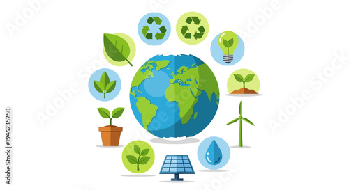 Earth Globe Surrounded by Environmental Symbols.