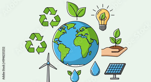 Earth Globe Surrounded By Eco Energy Icons.