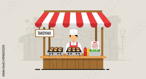 Takoyaki Street Food Stall with Chef Illustration