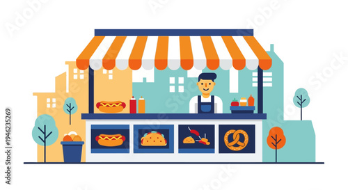 Street Food Stall with Vendor Selling Fast Food