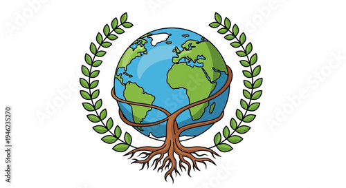 Earth Globe Surrounded By Laurel And Roots.