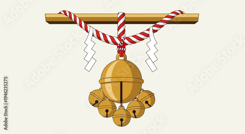 Traditional Japanese Shinto Shrine Bell Suzu with Shimenawa Rope