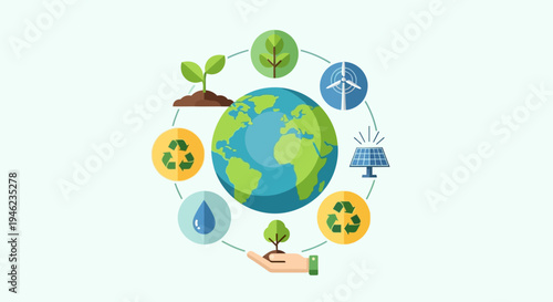 Earth Surrounded By Eco Icons Symbolizing Sustainability.
