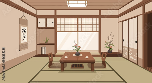 Traditional Japanese Tatami Room Interior with Low Table and Floor Cushions