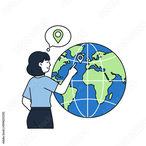 Woman pointing at globe, travel planning, location pin, global connection, business trip