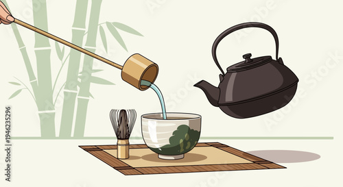Traditional Japanese Tea Ceremony Matcha Preparation Illustration