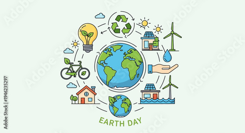 Planet Earth With Renewable Energy Icons And Green Elements.