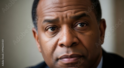 A Close-up Portrait of a Middle-aged African American Man with Serious Expression