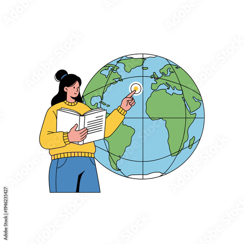 Woman reading book and pointing at globe, education, travel, geography, learning concept