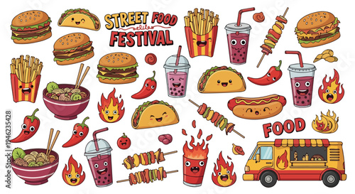 A colorful illustration of various street food items and a food truck on a white background.