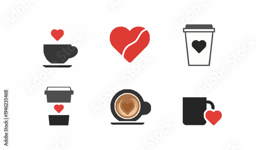 Minimal love coffee icon set with heart cup romantic cafe drink vector illustration