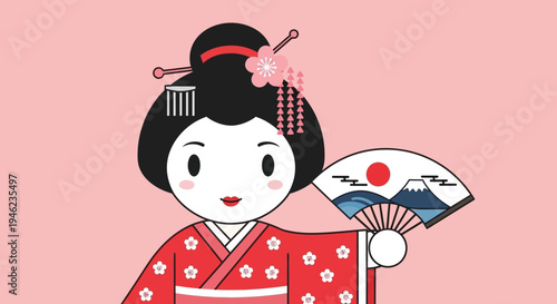 Cute Japanese Geisha Character Holding a Fan with Mount Fuji Illustration