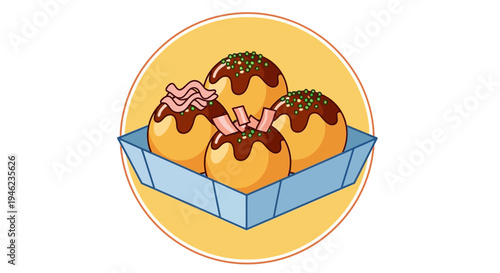 Vector Illustration of Delicious Japanese Takoyaki Octopus Balls in a Paper Tray