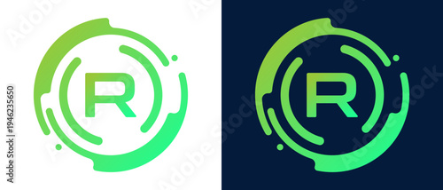 Modern letter “R” logo with circular abstract lines and blue gradient style, representing digital technology, innovation, connectivity, and professional tech branding.