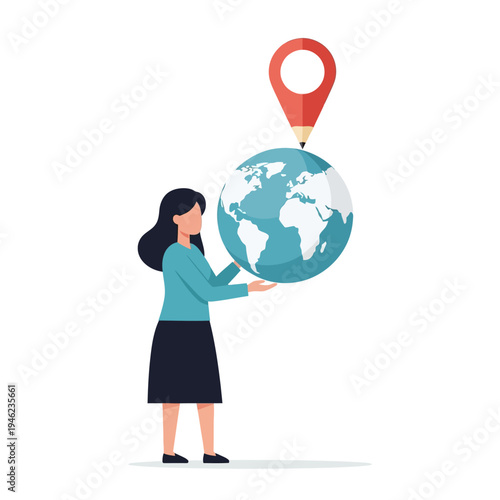 Woman holding globe with location pin and pencil, global navigation and travel concept
