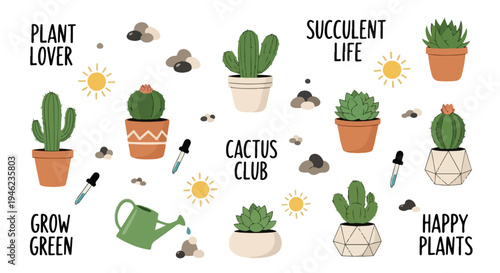 A collection of potted cacti and succulents with gardening tools and related phrases on a white background.