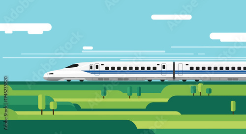 Flat Vector Illustration of a High-Speed Bullet Train Traveling Through a Green Landscape