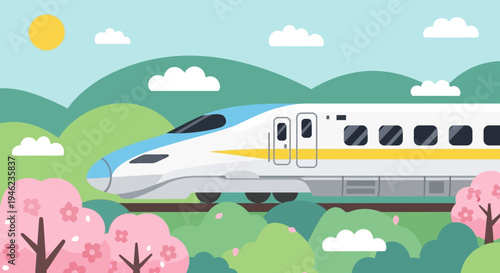 High Speed Bullet Train Traveling Through Spring Landscape with Cherry Blossoms