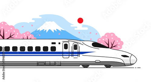 Japanese Shinkansen Bullet Train with Mount Fuji and Cherry Blossoms