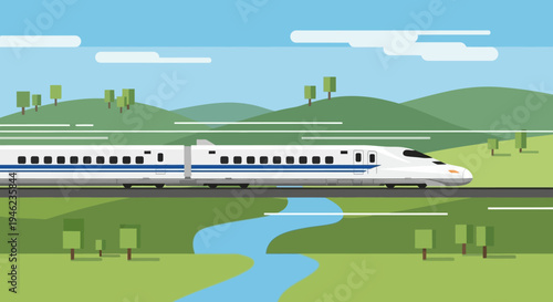 High Speed Bullet Train Moving Through Scenic Countryside Landscape