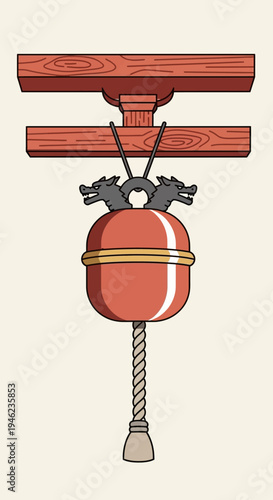Japanese Shinto Shrine Bell with Dragon Ornament Illustration