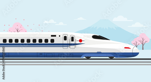 Japanese Shinkansen Bullet Train with Mount Fuji and Cherry Blossoms