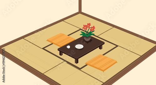 Minimalist Japanese Tatami Room with Low Table and Cushions