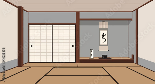 Minimalist Japanese Tatami Room with Shoji Sliding Doors and Tokonoma Alcove
