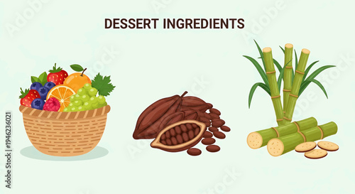 A visually appealing illustration showcasing essential dessert ingredients like fruits, cacao, and sugar cane, perfect for culinary themes